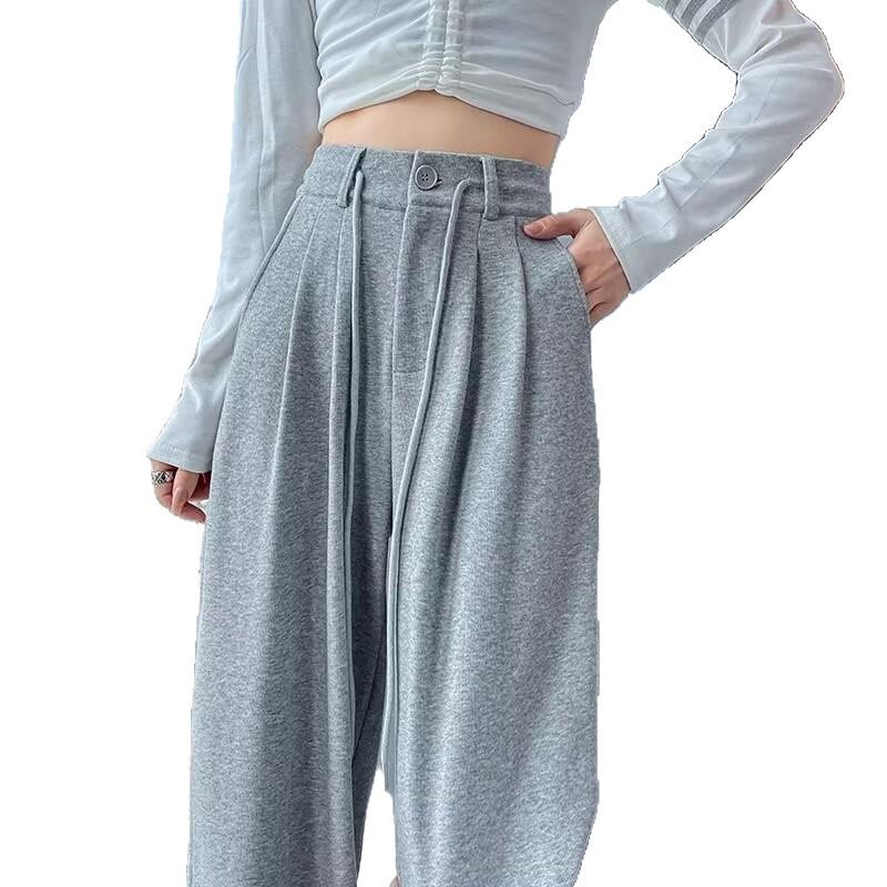 Женские серые спортивные брюки с высокой посадкой и широкими штанинами - Повседневная посадка на кулиске для осени и зимы