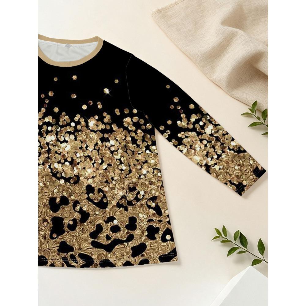 Women's Plus Size Pocket Gold Printed Loose Knitted Sweater, Women's Fashion Long Sleeve Top