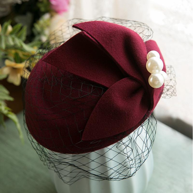 Pure Wool Felt Fascinator Wedding Hat Pillbox Hat for Women Cocktail Party Vintage Lady Winter Solid Beret Hat Hostesses Cap