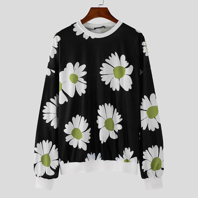 INCERUN Мужские весенние тонкие толстовки с длинным рукавом и круглым вырезом в стиле пэчворк с цветочным принтом