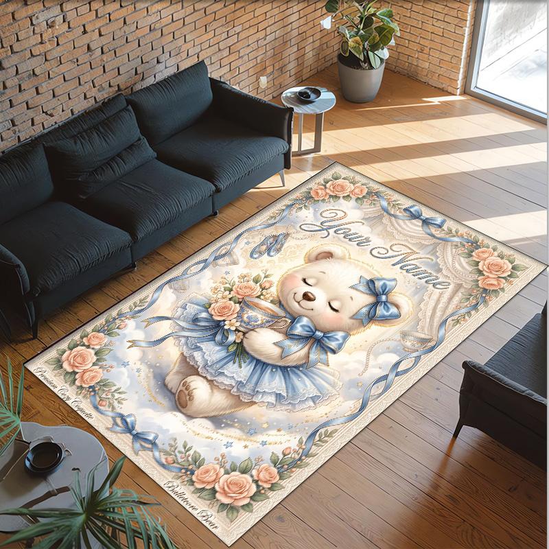 Teddy Bear Theme Crystal Velvet Rug Personalized Custom Name Text Soft Floor Mat Home Decor