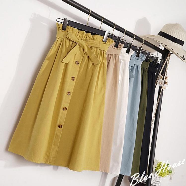 High Waist Knee Length Pleated School Skirt for Women Button Front Midi Skirt Spring Autumn Fashion