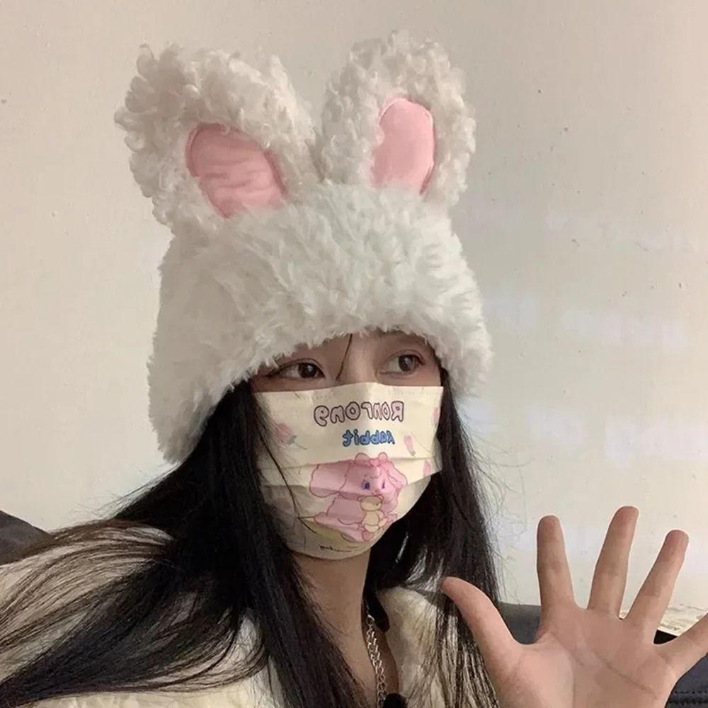 Solid Color Rabbit Ear Beanies Fluffy Winter Outdoor Warm Cap Fashionable Knitted Plush Hat Women