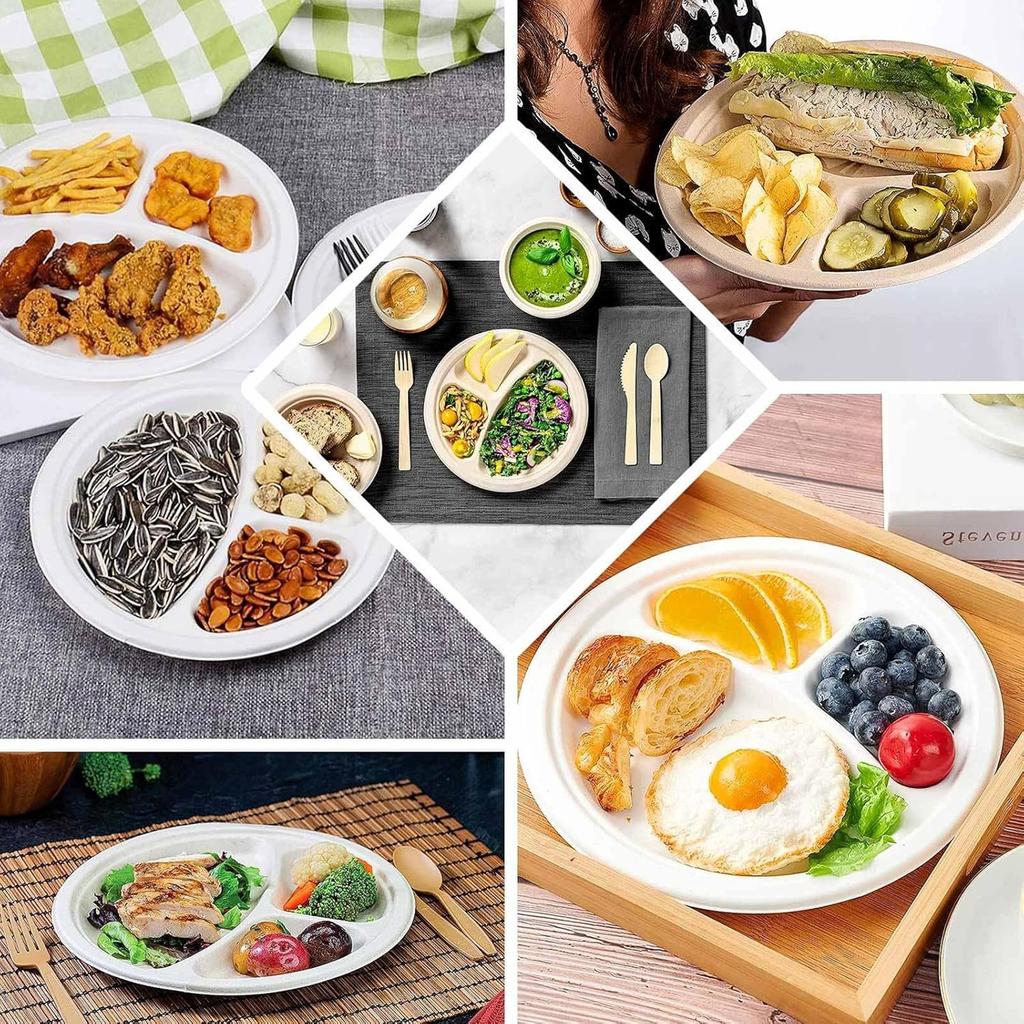 Одноразовые обеденные тарелки, Утолщенная посуда пищевого класса, Круглые тарелки для закусок, Тарелки для барбекю, Бумажные тарелки для шведского стола, Бумажные тарелки с тремя отделениями