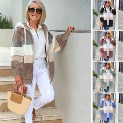 Пушистая флисовая куртка для женщин, пушистый шерпа кардиган на молнии, осенне-зимнее теплое пальто с капюшоном на шнурке и карманами