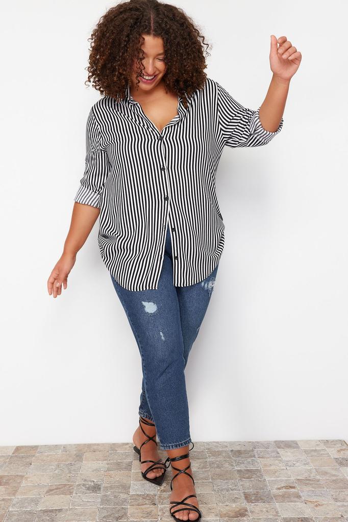 Women's Style Plus Size Black-White Striped Shirt
