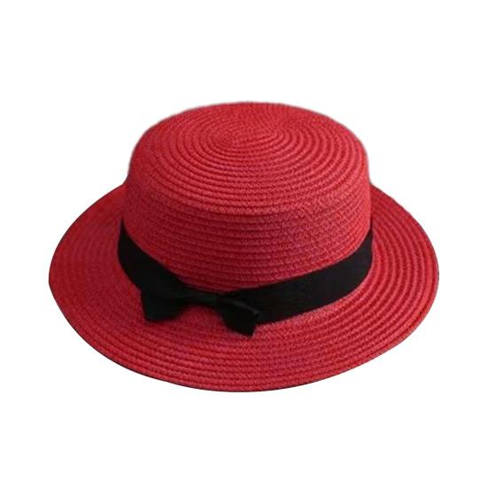 Beach Straw Hat Flat Top Wide Brim Sun Protection Hat with Black Ribbon Bow Hand-Woven Breathable