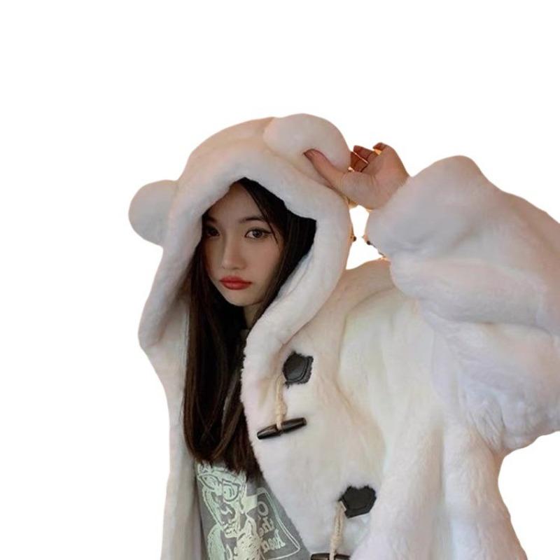 Осень-зима, новая шуба с капюшоном из меха, роговая пряжка, плюшевые ушки, утолщенное пальто, милый стиль колледжа