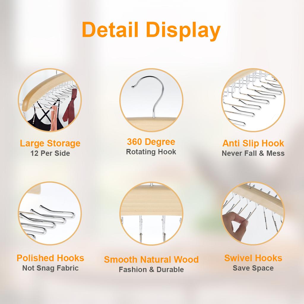 Wooden Sling Hanger Camisole Organizer with 24 Metal Hooks Multi-Functional Hook Suitable For Dormitory Apartment Bedroom