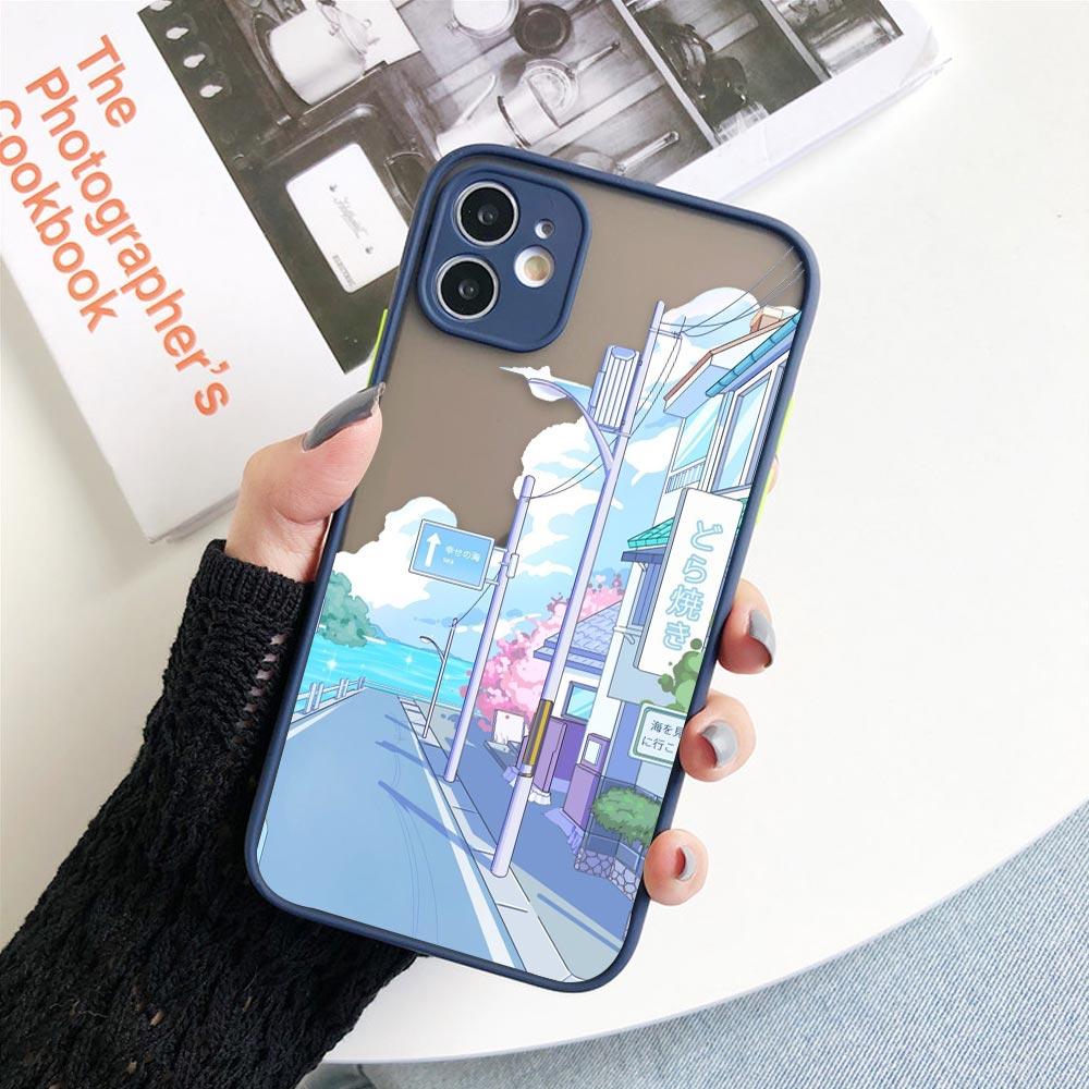 Матовый чехол для iPhone 11 12 13 14 Pm Pro Max XR X 8 7 Plus Pro XS Mini Skin Feeling Cover Япония Аниме Ручная роспись Домашний пейзаж