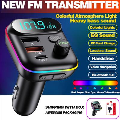 Автомобильный FM-передатчик Bluetooth 5.0 с RGB-подсветкой, быстрой зарядкой QC3.0, монитором напряжения, портом Type-C, автомобильным комплектом громкой связи