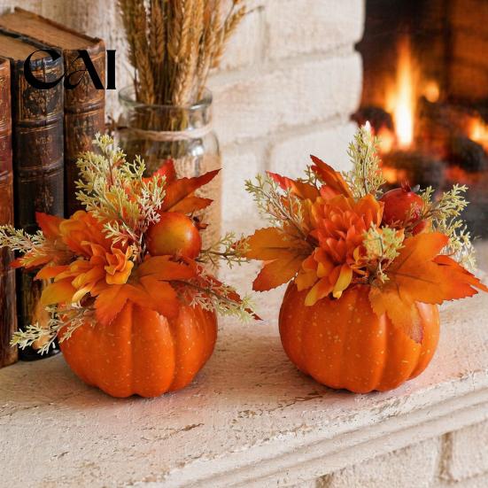 Festive Party Table Decorations Fall Pumpkin Ornament, Artificial Foam with Flower, Maple Plastic Leaves, Berry for Autumn Harvest Thanksgiving