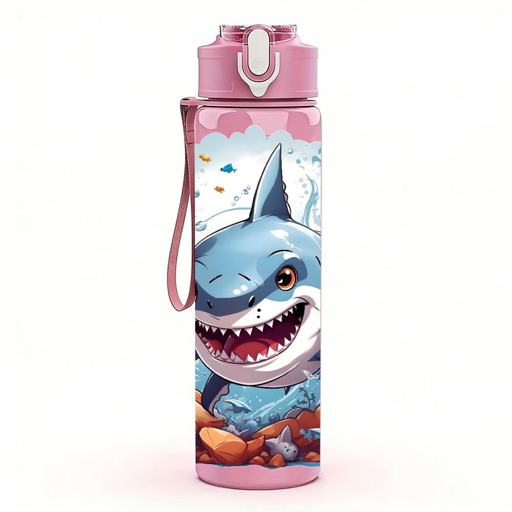 1PC Angry Shark Ocean Graphic 750ml Color Plastic Sports Water Bottle Leakproof Flip Straw Lid Suitable for Sports Office Home Use
