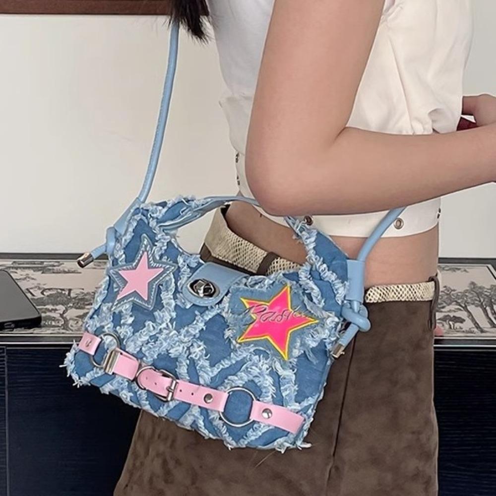 Spice Girl Denim Handbag Harajuku Underarm Shoulder Bag Casual Pink Star Crossbody Bag Girls