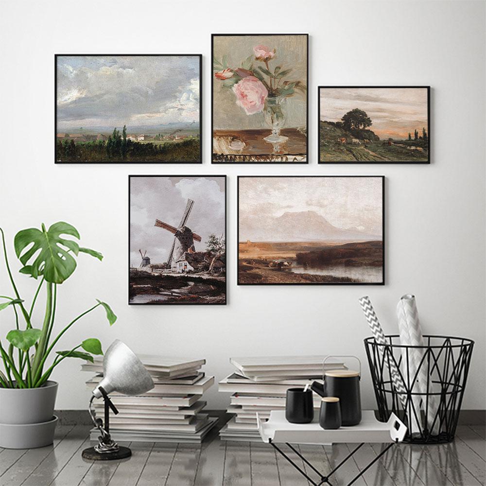 Винтажный французский постер в сельской местности, викторианский цветок, художественный принт, пейзаж, холст, картина маслом, настенная картина, гостиная, домашний декор