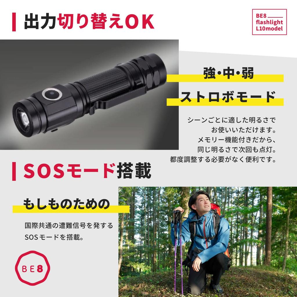 BE8 LED Flashlight, Small, Rechargeable USB Flashlight, Emergency Flashlight with Clip Holder, Portable, Tactical