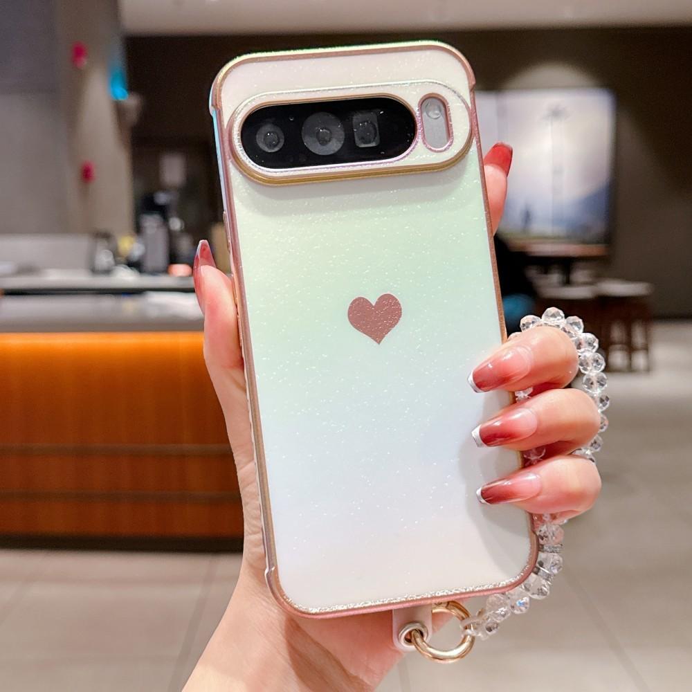 Электроplated Боковая сторона Сердце Чехол для телефона Для Google Pixel 9 Pro XL 9Pro 9ProXL 8 Pro 8A 7A 9A Силиконовая крышка С хрустальной цепочкой