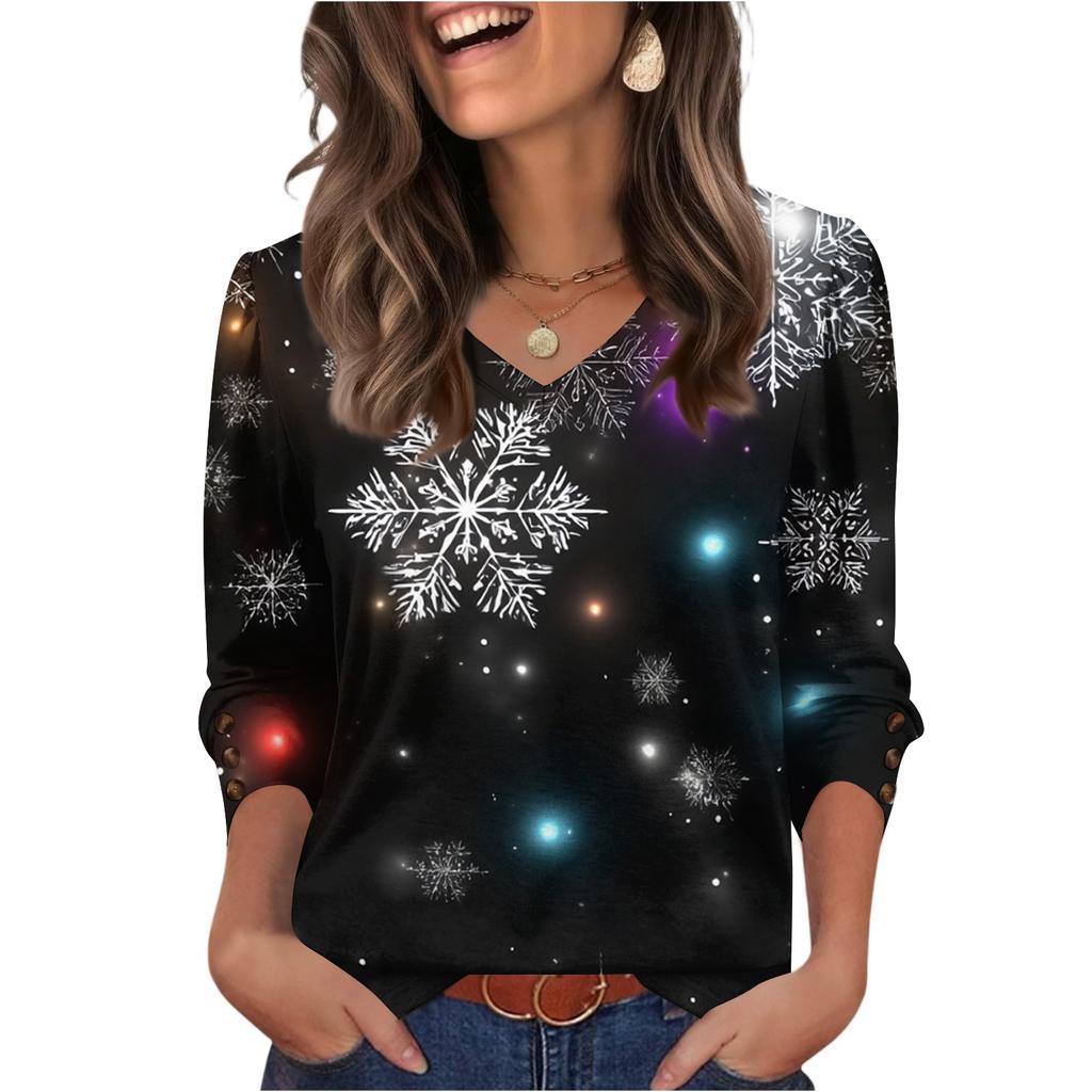 Women's Fashionable Casual Christmas Printed V-neck Top