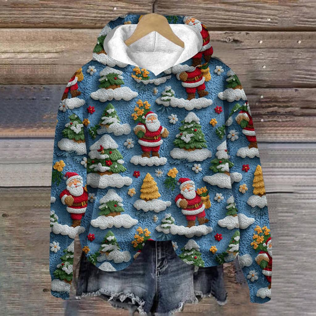 Women's Fashion Long Sleeve Christmas Print Loose Hooded Sweatshirt Top