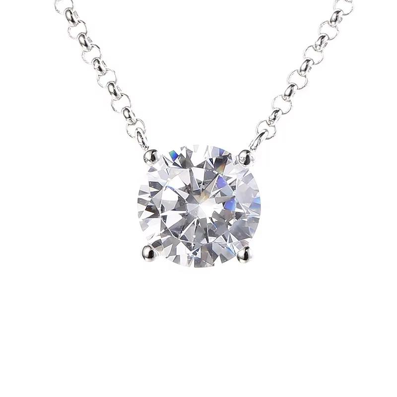 Fine Jewelry Rhodium Plated 925 Sterling Silver Round Brilliant Moissanite Diamond Simple Solitaire Pendant Necklace Women