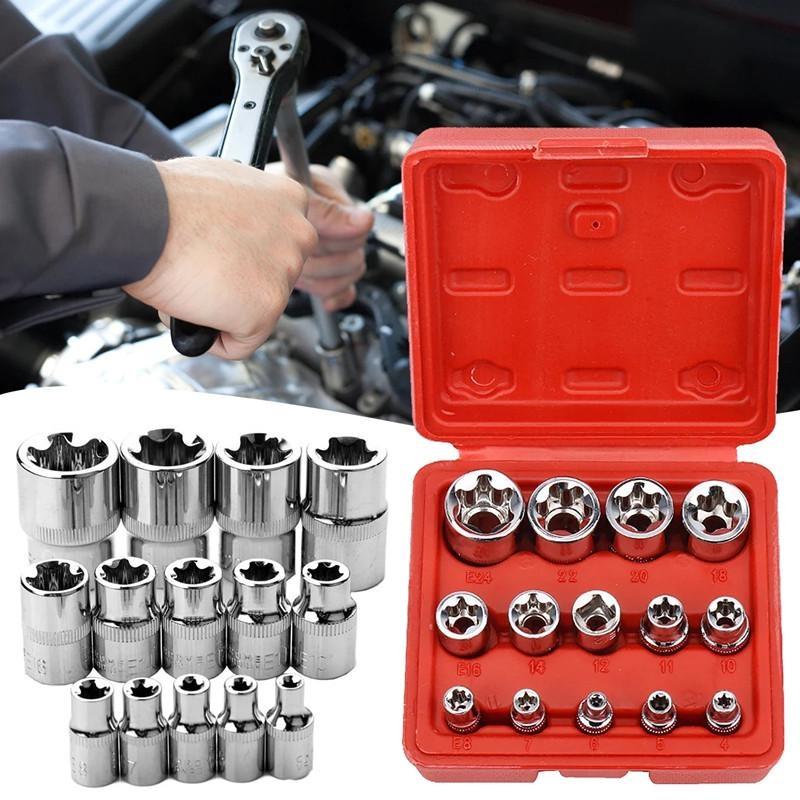 14Pcs Female E-Torx Star Socket Set 1/4" 3/8" 1/2" Drive Inverted E-Torx Star Bit E4-E24 Female External Torque Socket Set