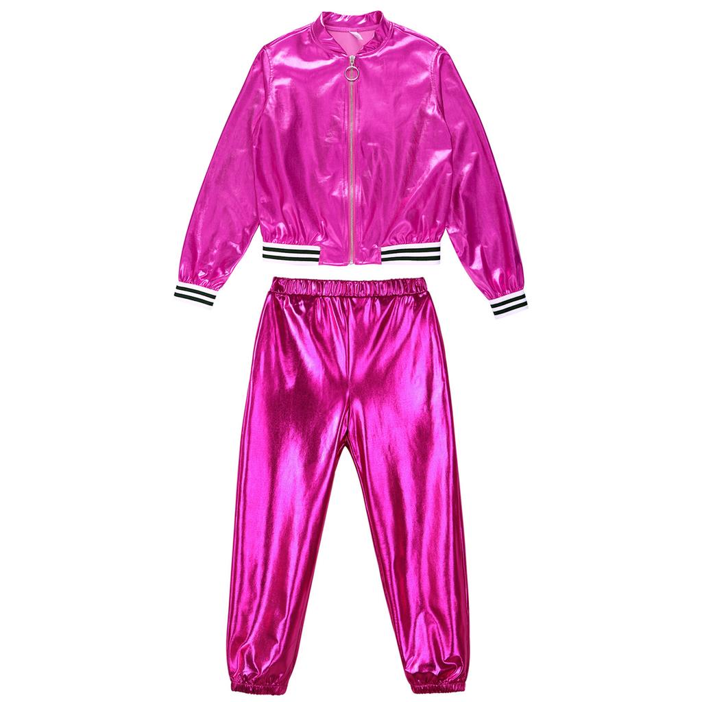 Kids Girls Metallic Long Sleeve Stand Collar Zipper Jacket with High Waist Pants for Sports Workout