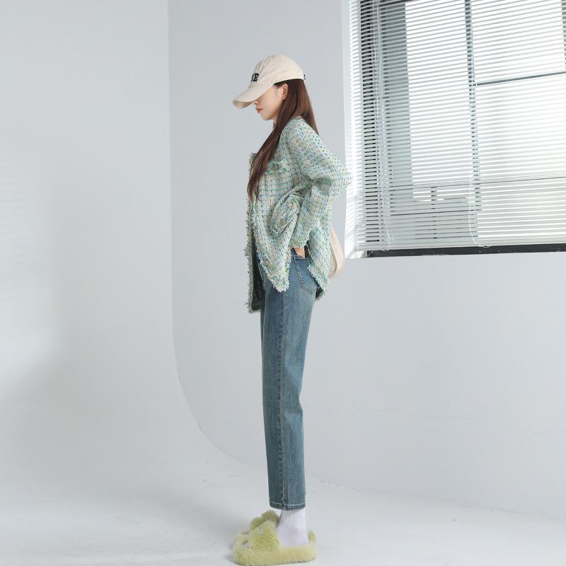 Ретро-брюки с высокой талией, прямые джинсы для женщин, Qiu Xiao, маленькие мужские брюки из старого материала, тонкие эластичные брюки-сигареты с девятью точками для женщин Qiu