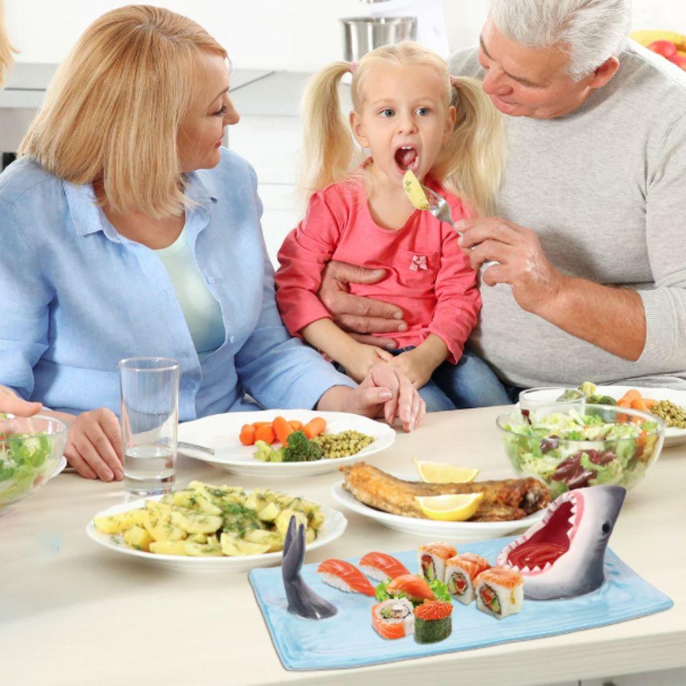 Tableware 3D Shark Ceramic Plate Independent Sauce Area Large Capacity Dumpling Plate Ceramic Japanese Style Food Platter Gift