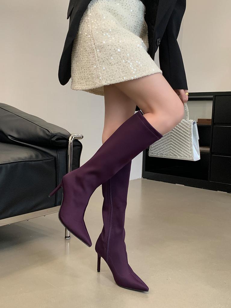 Мода Черный Фиолетовый Коричневый Женские Сапоги До Колена Челси Ботас Тонкие Высокие Каблуки Боковая Молния Вечеринка Туфли-лодочки Зимние Сапоги Женские Гладиаторы