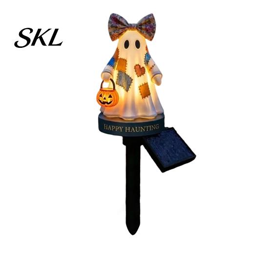 Waterproof Garden Light Solar Ghost Stake Light, Halloween Pumpkin Lantern with Bow Ground Lamp Decor, Resin Outdoor Yard for Lawn Pathway Mini