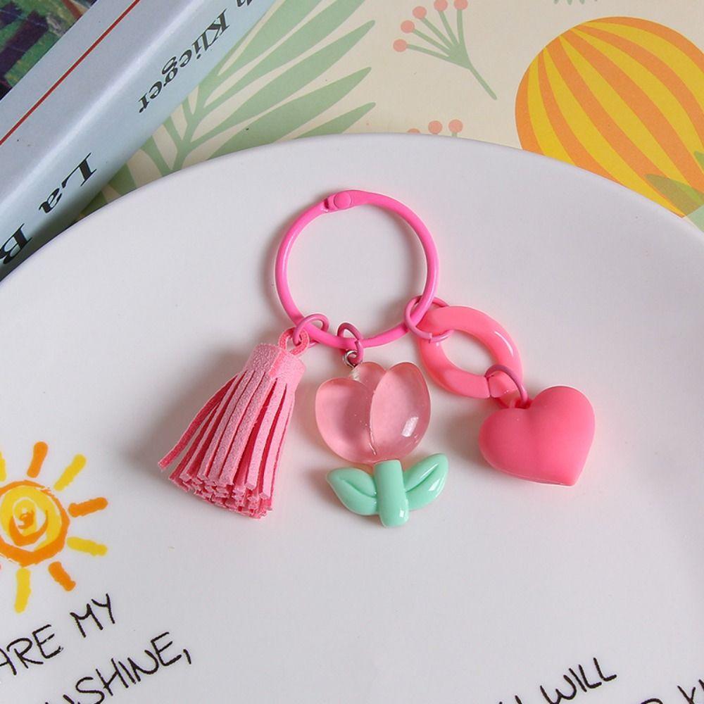 With Tassel Sweet Resin Tulip Keyring Young Girl's Heart Tulip Flower Keychain Pendant   Girls