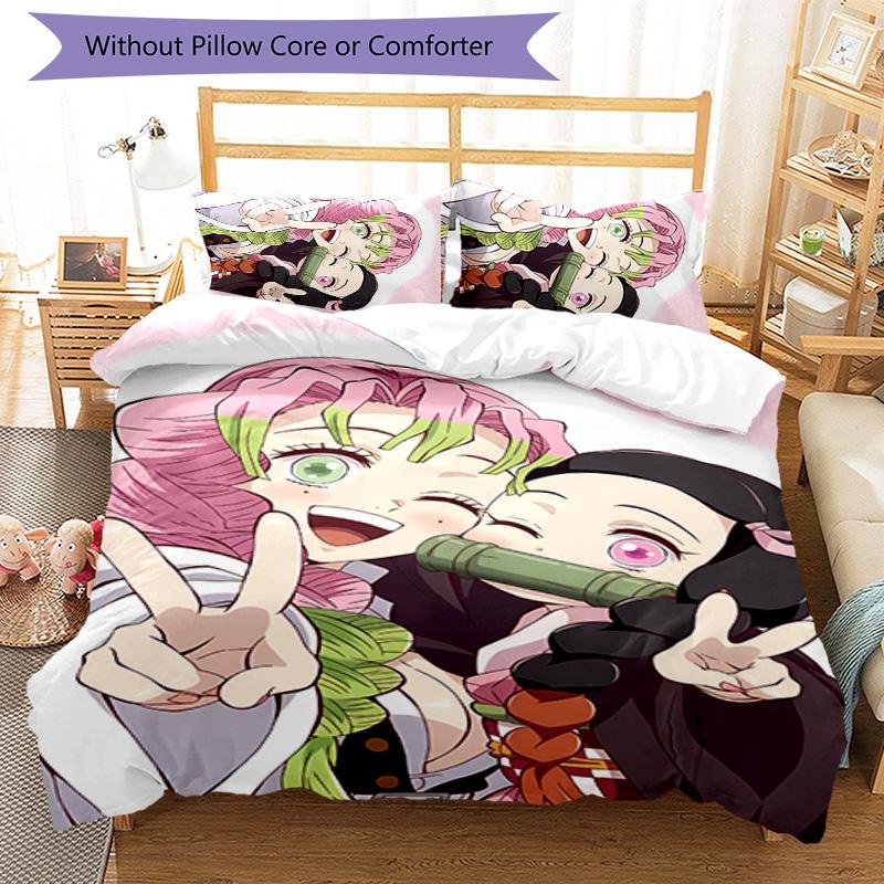 3pcs Demon Slayer characters pattern bedding set duvet cover set includes duvet cover &pillowcases, perfect all season bedroom decoration & gift