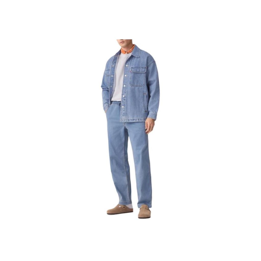 Levis Свободная Повседневная Простая Куртка Джинсовая Мужская с Лацканами Однобортная с Длинным Рукавом Куртки Светло-Синяя 003MP-0000