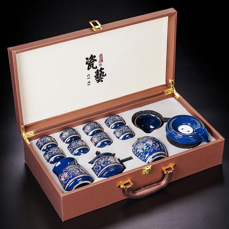 Blue and White Porcelain Kung Fu Tea Set with Automatic Teapot