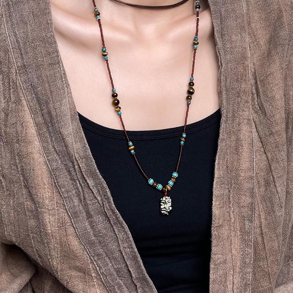 Ожерелье из бусин ручной работы из тигрового глаза и чешского стекла: Этнический стиль, Художественная цепочка для свитера для женщин