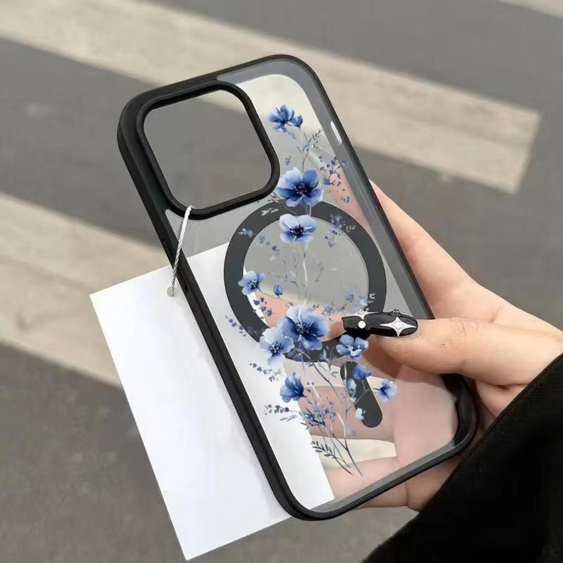 Чехол для телефона с синим цветочным узором для iPhone 17 16 15 14 Pro Max 13 12 11 Mini 16E 17 Air XS Max X XR Беспроводная магнитная задняя крышка