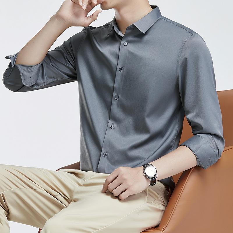 Рубашка из мерсеризованной немаркой мужской с длинным рукавом, не мнется, деловой костюм, свадебная рубашка, однотонная