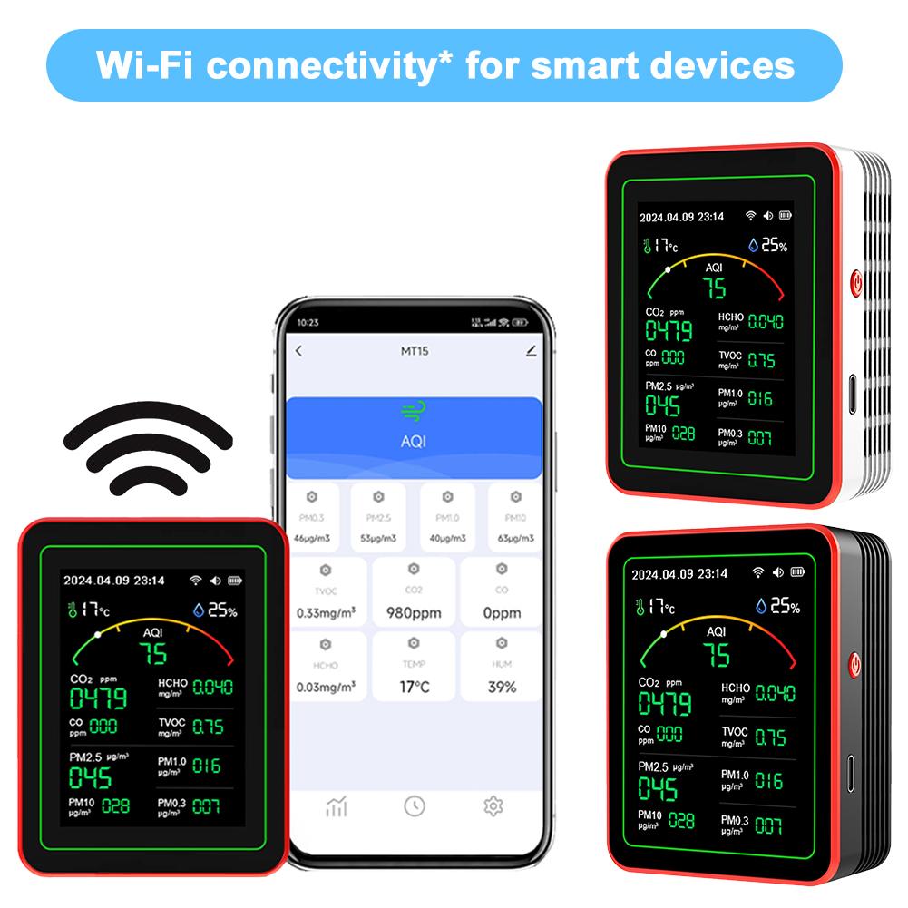 15 In 1 Tuya WIFI Rechargeable Household Digital Air Quality Detector CO2/CO/TVOC/HCHO/PM2.5/PM1.0/PM10/Temp/Humi for Smart Home