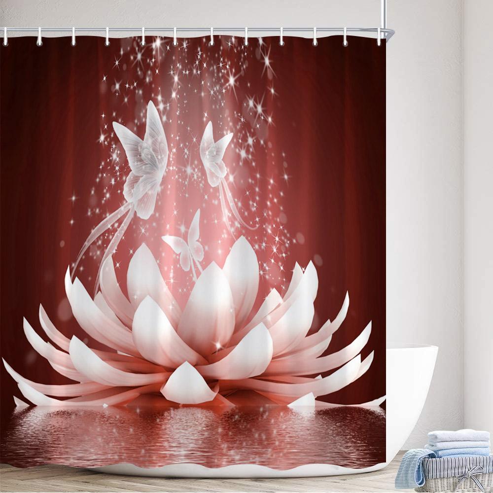 Шторка для душа Zen Lotus Водный Будда Медитация Черный Камень Капли Бабочка Черно-белый Декор Ванной Комнаты Полиэстер Шторка для Ванны