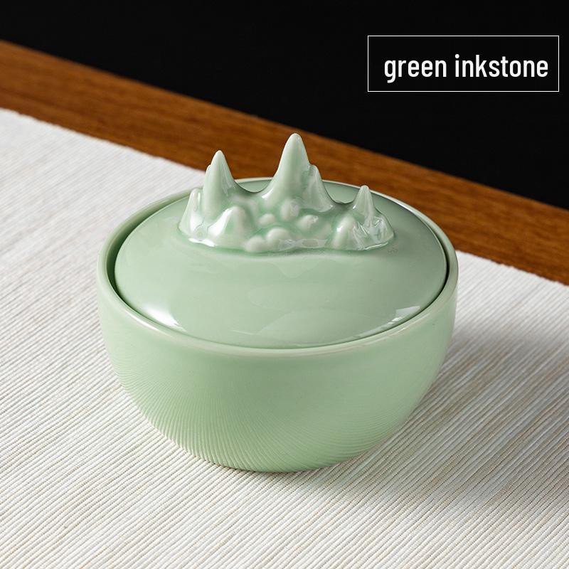 Чернильница из селадоновой керамики Килн Жу: Чернильница с двойным кругом и крышкой, Антивысыхающая чернильница для каллиграфии, Антикварная чернильница.