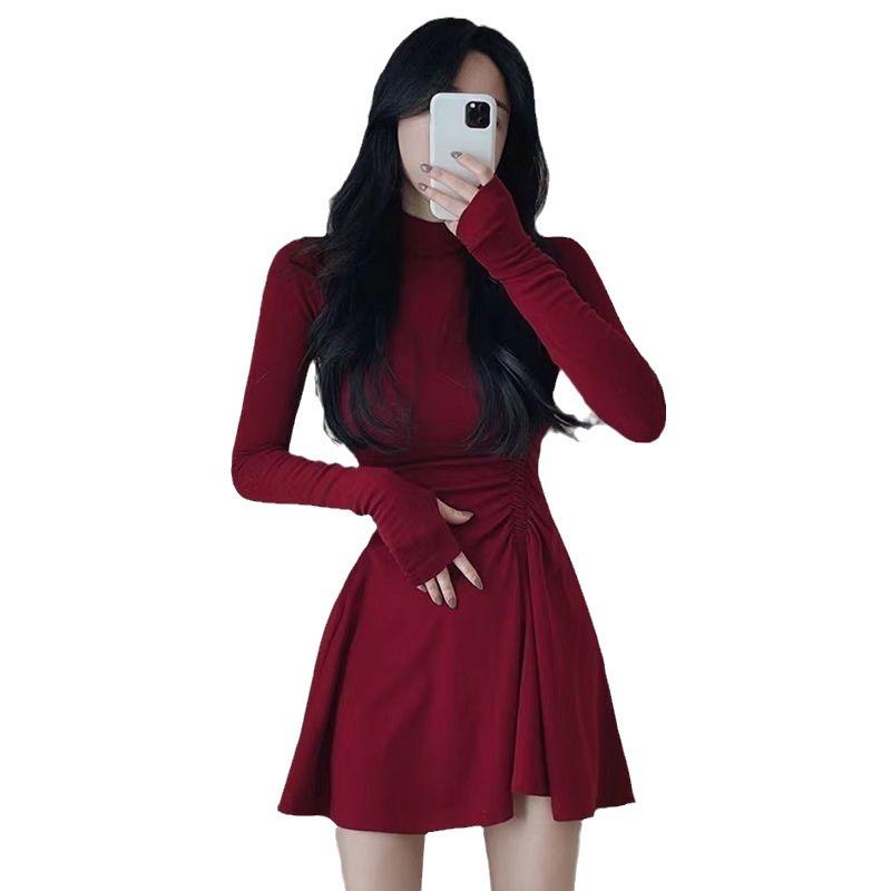 Женское платье Design Sense Folding Waist Half High Neck Long Sleeve Base Dress Slimming Short Dress