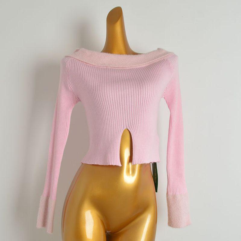 French Sexy Sexy Split off-Shoulder Knitwear Women's Clothing Silm Slimming Inner Short Long Sleeve Top Fall and Winter
