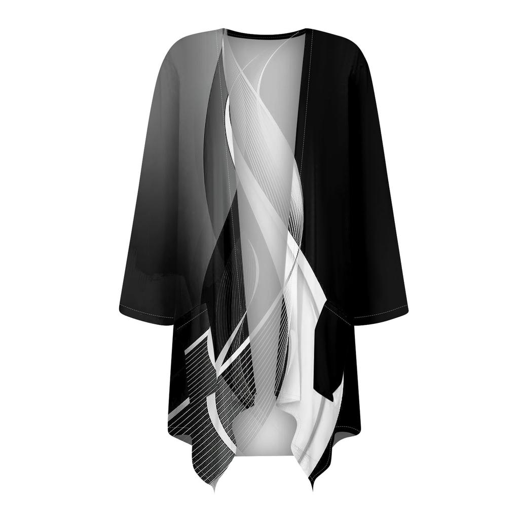 Women's Fall Print Irregular Three-quarter Sleeve Cardigan With Pocket Jacket