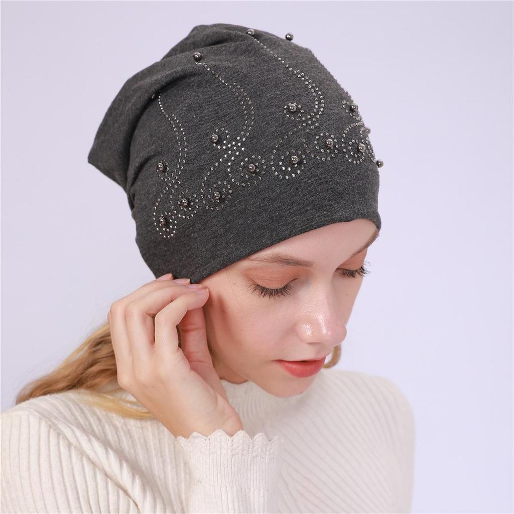 Женский весенне-осенний двухслойный хлопковый пуловер с жемчугом, теплый пуловер с тонким ворсом, теплая лунная шапка