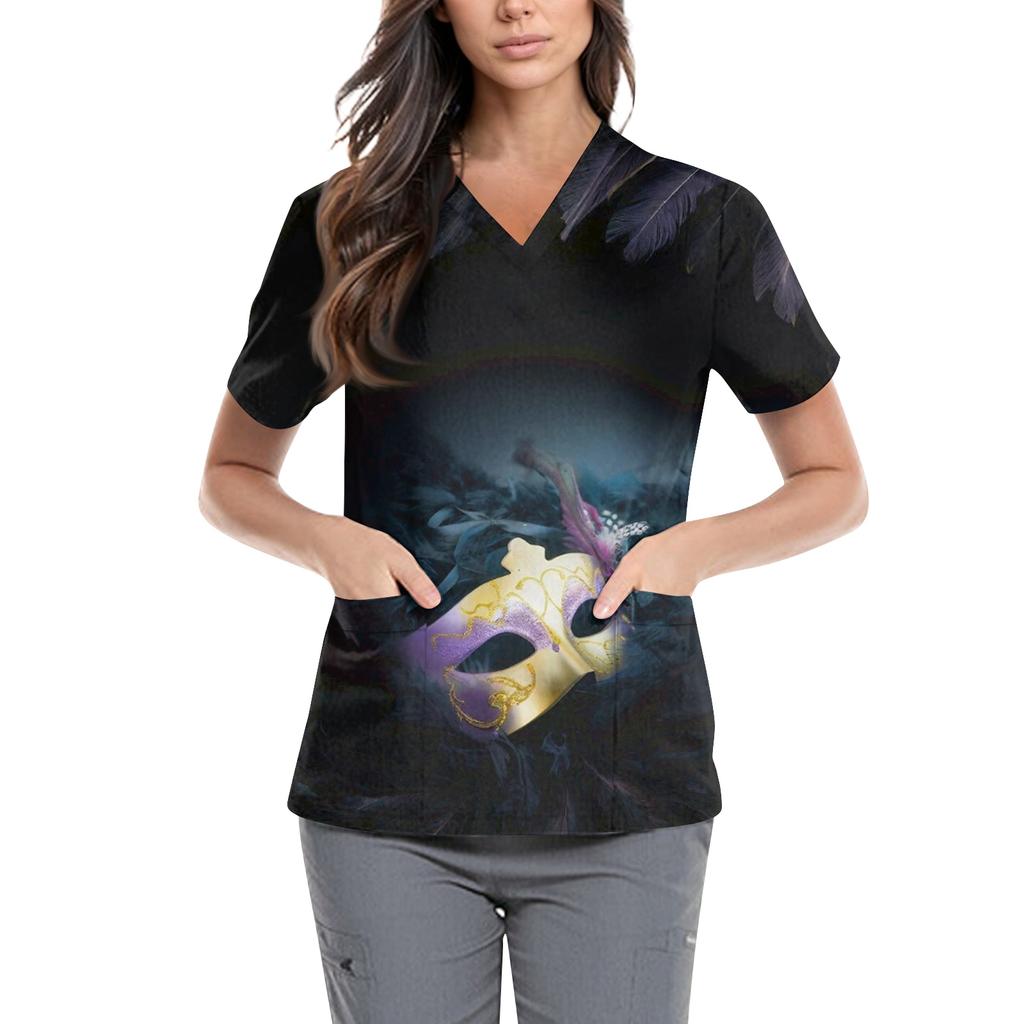 Women's Carnival Themed Outfit Party Mask Pattern Caregiver Top