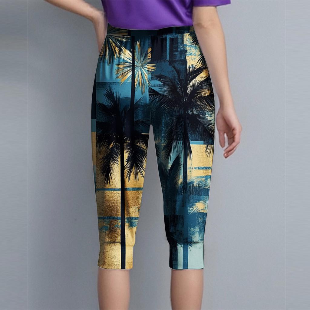 Женские летние повседневные свободные укороченные брюки с гавайским принтом и карманами