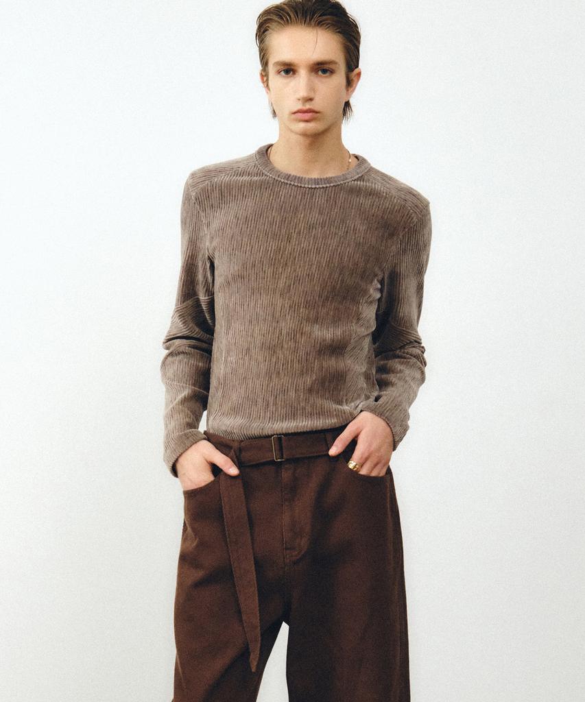 NOIRER Two-Tone Velvet Ribbed Structure T-Shirt (Dusty Beige)