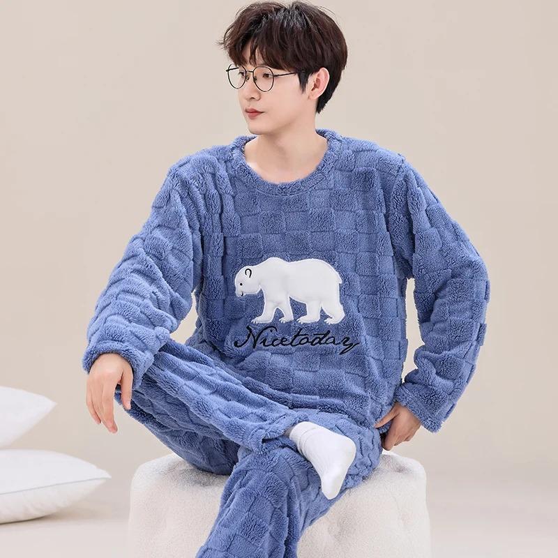 Autumn and Winter Flannel Pajamas Men's Thicken Coral Fleece Youth Student Warm Korean Pijamas Casual Loungewear