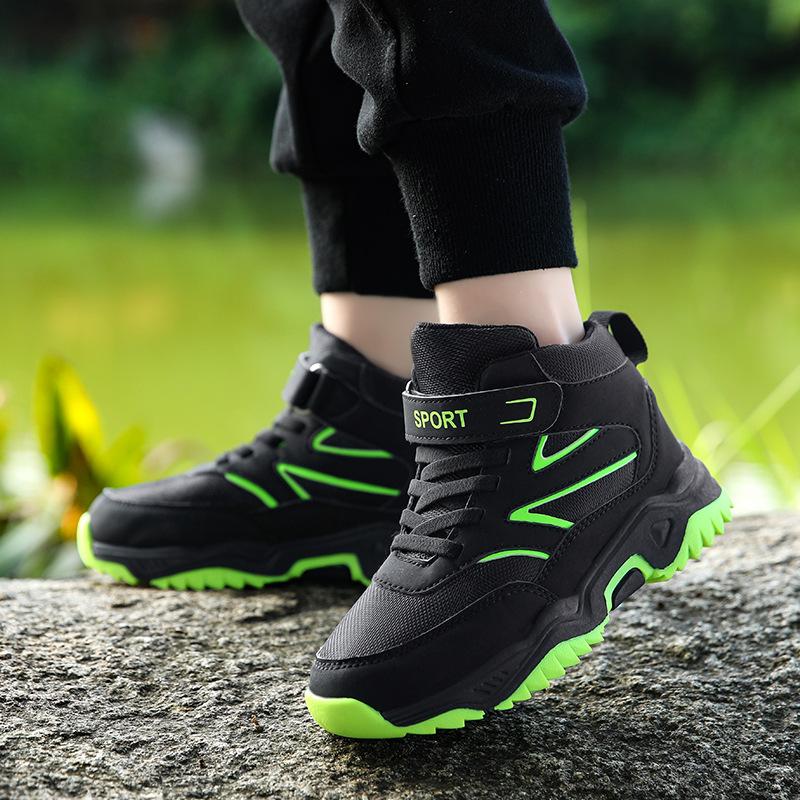 Мальчиковые уличные спортивные туфли, высокие, на липучках, модные, универсальные, износостойкие, нескользящие, подростковые повседневные туфли для мальчиков