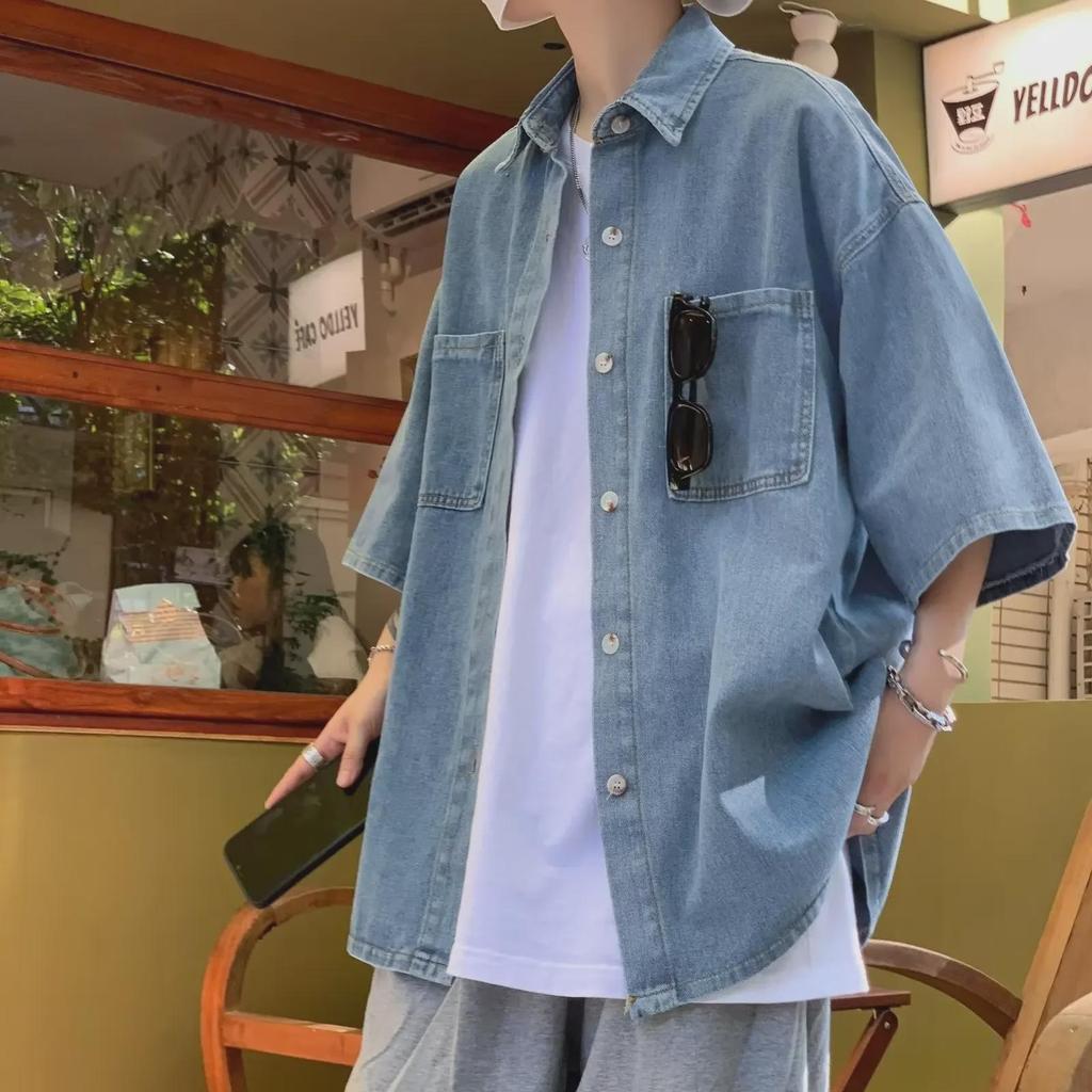 Men's Japanese-Style Distressed Denim Short-Sleeve Shirt with Double Pockets